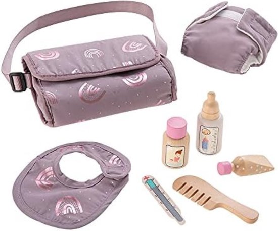 Luiertas pop - Verzorginstas pop - Pop verzorgingsset - Luiertas speelgoed - Luiertas speelgoed - Incl. 7 stuks. Accessoires van PlayWood