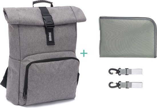 Luiertas rugtas - Tokio - aanpasbaar 20 tot 25 Liter - met verschoonmat en tassenhaakjes - grijs - fillikid van Fillikid