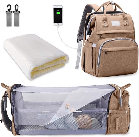 Luiertas Rugzak Grote Capaciteit Draagbare Reisluiertas Opvouwbaar Bed - Babybedrugzak (Kaki) van Mooedcoe
