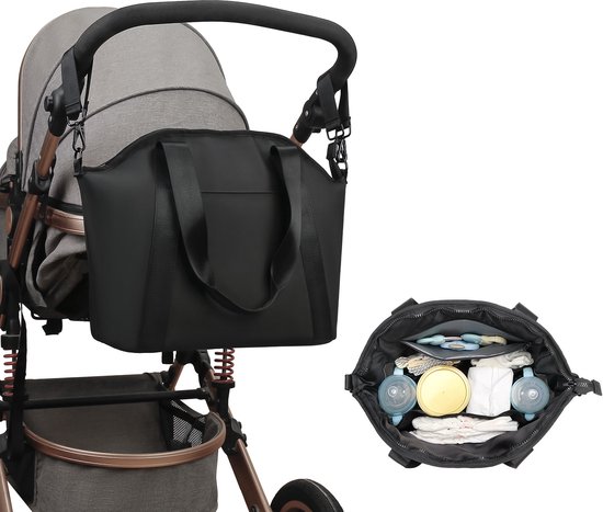 Luiertas Tote - Waterdichte Opbergtas - Luiertas voor Kinderwagen - Organizer voor Reisbenodigdheden voor Baby's - Luiertas van PU Leer met Isolatie - Zwart van Merkloos