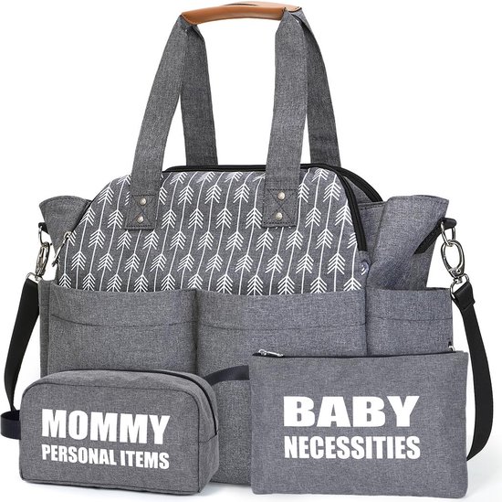 Luiertas voor baby's, groot, met aankleedkussen voor op reis, met 2 organizer-tassen, grijs van Merkloos