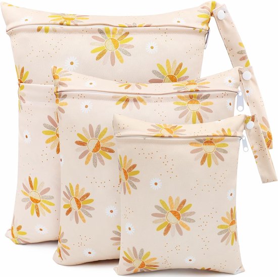 Luierzak 3-delig - Waterdichte Opbergtas - Voor Babyspullen en Verschoning - Herbruikbare Waszak voor Luierorganisatie - Luiertas - natte tas - waszak - natte tas voor de babykamer - natte tas-Ouders met Baby's - Gele Bloem Print - 3 Stuks van Simply Pure