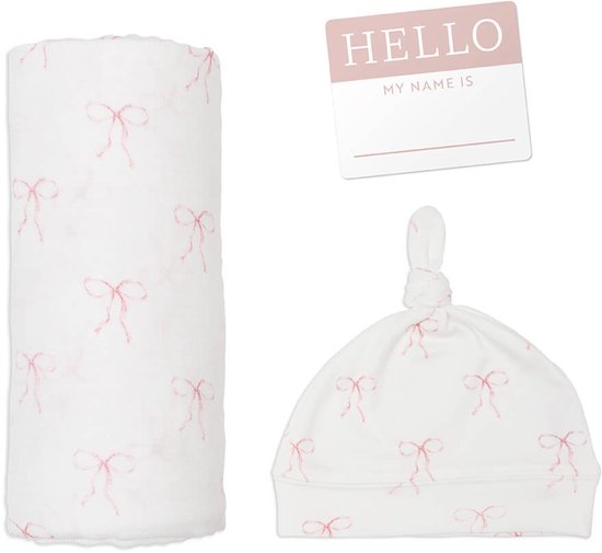 Lulujo Hello World - Swaddle & Mutsje - Bows, Kraamcadeaus, Babydekens, hydrofiele doeken, babycadeau, comfortabel, tetradoeken, zwangerschapscadeau, van Lulujo