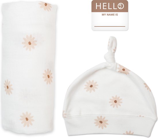 Lulujo Hello World Swaddle & Mutsje - Daisies van Merkloos