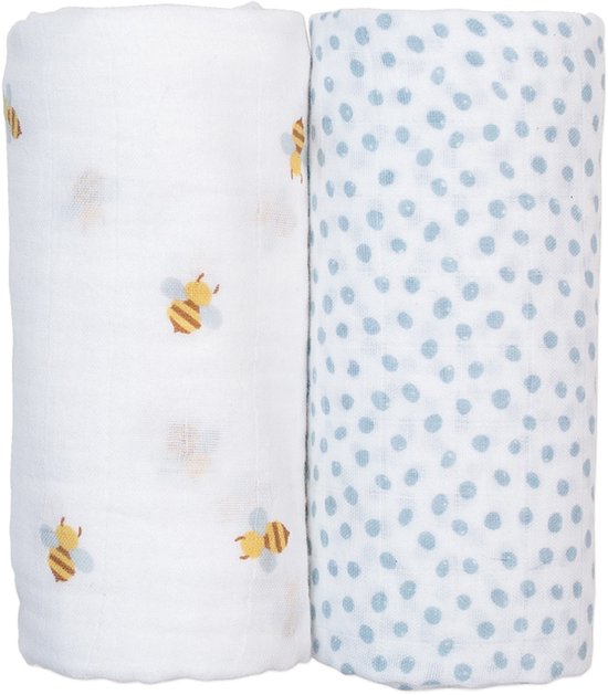 Lulujo - Hydrofiele Doek - Swaddle - Katoen - 100x100 cm - 2-pack - Bees & Dots - Kraamcadeaus - Babydekens - Babycadeaus - Tetradoeken - Zwangerschapscadeau van Merkloos