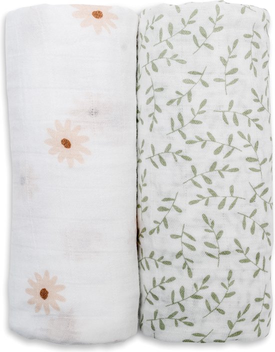 Lulujo - hydrofiele doek - swaddle - katoen - 100x100 cm - 2-pack - Daisies & Greenery van LuLu