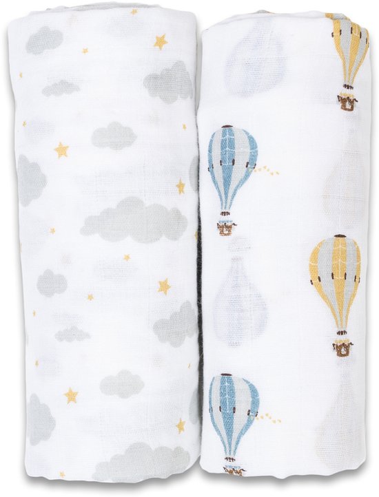 Lulujo - hydrofiele doek - swaddle - katoen - 100x100 cm - 2-pack - Hot Air Balloon van Merkloos