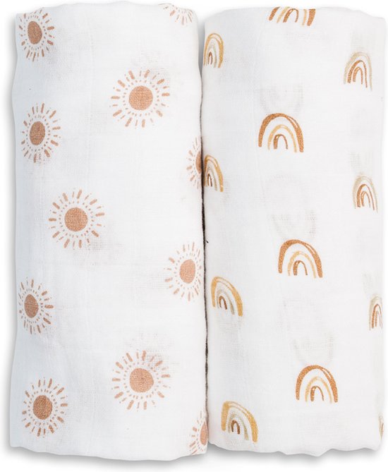 Lulujo - hydrofiele doek - swaddle - katoen - 100x100 cm - 2-pack - Rainbow & Suns van Lulujo