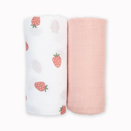 Lulujo - Hydrofiele Doek - Swaddle - Katoen - 100x100 cm - 2-pack - Strawberries & Pink - Kraamcadeaus - Babydekens - Babycadeaus - Tetradoeken - Zwangerschapscadeau van Merkloos