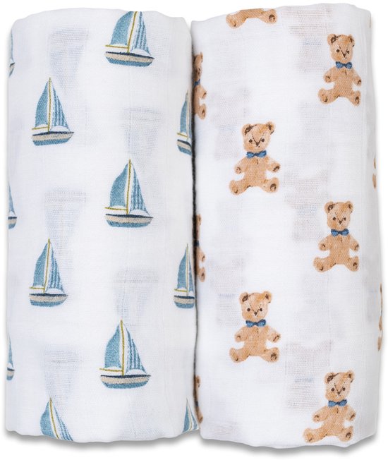Lulujo - Hydrofiele Doek - Swaddle - Katoen - 100x100 cm - 2-pack - Vintage Teddy & Sailboats - Kraamcadeaus - Babydekens - Babycadeaus - Tetradoeken - Zwangerschapscadeau