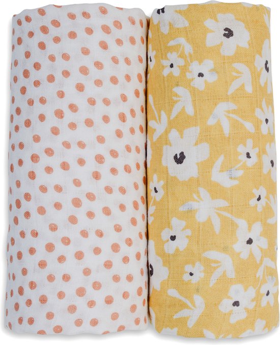 Lulujo - hydrofiele doek - swaddle - katoen - 100x100 cm - 2-pack - Yellow Wildflowers & Dots van Lulujo