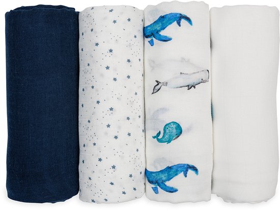 Lulujo - hydrofiele doeken - swaddle - bamboo - 120x120 cm - 4-pack - Whales & Stars van Merkloos