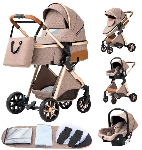 LUMÈ STORE 3-in-1 Luxe Kinderwagen – Opvouwbaar – Buggy - Maxi Cosi – Autostoel & Wieg – Aluminium Frame – Pasgeboren Baby – Khaki