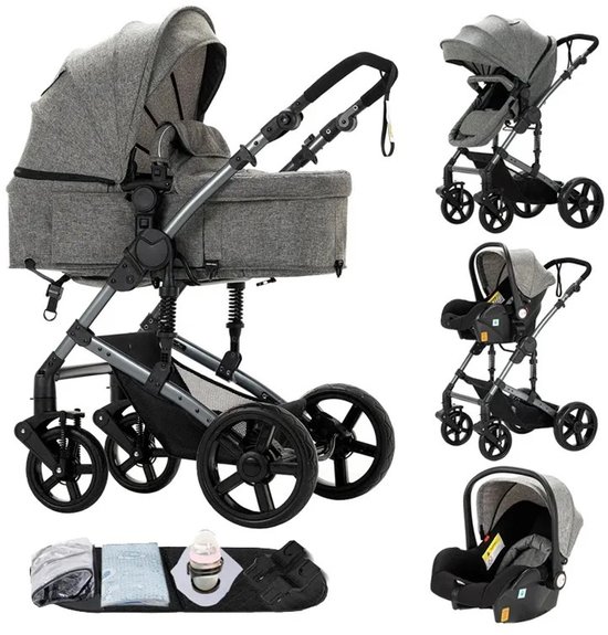 LUMÉ STORE Kinderwagen 3-in-1 - Maxi Cosi - Babywagen - Buggy Opvouwbaar - Hoog Model - Inclusief Wieg & Peuterzitje - Grijs van Merkloos