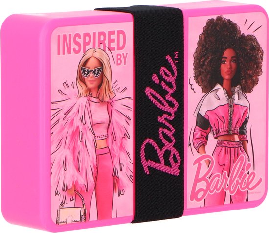 Lunchbox broodtrommel Barbie roze kunststof voor school.