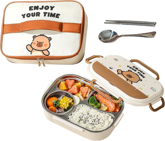 Lunchbox Kinderen - Maaltijdcontainer - School en Uitjes - Lekvrij en Magnetronbestendig - Vier Compartimenten - Capibara