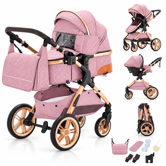 Lunola Elin Kinderwagen 3 in 1 - Buggy met Autostoel - Wandelwagen - Premium Uitvoering - Inclusief Accessoires - Roze