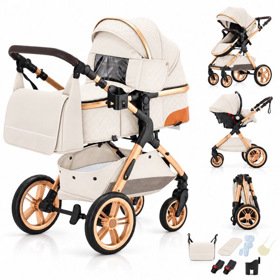 Lunola Elin Kinderwagen 3 in 1 - Buggy met Autostoel - Wandelwagen - Premium Uitvoering - Inclusief Accessoires - Wit