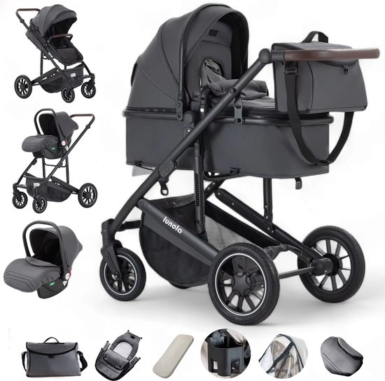 Lunola Luna - Kinderwagen 3-in-1 - incl. autostoel - 0-22kg - XXL - Wandelwagen - Multifunctionele Buggy 3in1 - Donkergrijs van Lunola