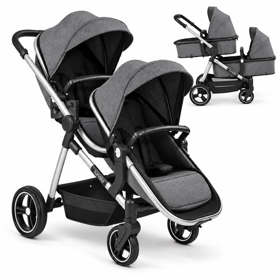 Lunola Noah Duo Kinderwagen - Dubbele Buggy voor Tweeling of Baby en Peuter - Afneembaar Zitje - Compact en Opvouwbaar - Donker Grijs