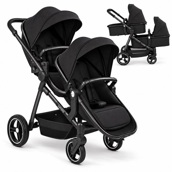 Lunola Noah Duo Kinderwagen - Dubbele Buggy voor Tweeling of Baby en Peuter - Afneembaar Zitje - Compact en Opvouwbaar - Zwart