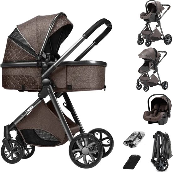 Lunola Nova - Kinderwagen 3-in-1 - incl. autostoel - 0-20kg - XXL - Multifunctionele Buggy 3in1 - Donkerbruin / Chocolade