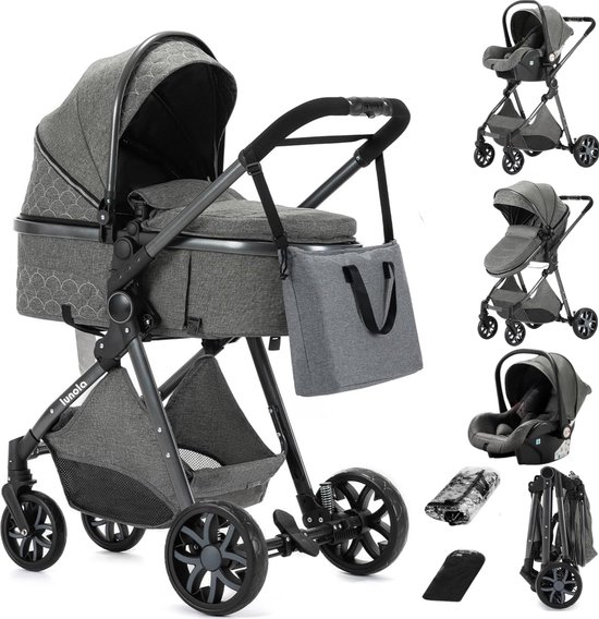 Lunola Nova - Kinderwagen 3-in-1 - incl. autostoel - 0-20kg - XXL - Multifunctionele Buggy 3in1 - Donkergrijs van Lunola Nova