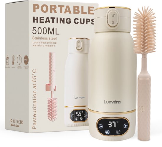 Lunvéra® Flessenwarmer Onderweg - Draadloze Draagbare Flessenwarmer - 500 ML - Voor Onderweg & Nachtvoedingen - Met Elektrische Schoonmaakborstel van Merkloos