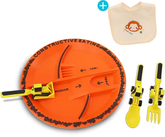 Luumuu® Kinderbestek - Incl. Slabbertje - Vakjesbord - Peuter Oefenbestek - Kinderbord Met Vakjes - Kinderservies Set Speelgoed - Lepel - Vork - Mes Alternatief -Inclusief Ebook van Luumuu®