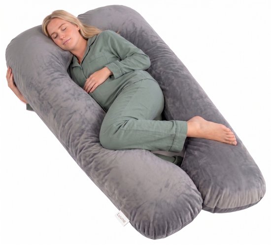 Luune Zwangerschapskussen XXL U-Vorm 280 cm – Traagschuim – Extra Stevig Gevuld – Zijslaapkussen, Voedingskussen & Lichaamskussen (Body Pillow) – Afneembare Velours Hoes – Grijs