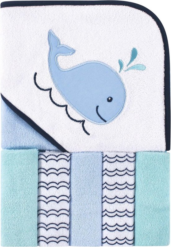 Luvable Friends Uniseks babyhanddoek met capuchon en vijf washandjes, katoen, walvis, eenheidsmaat van Merkloos