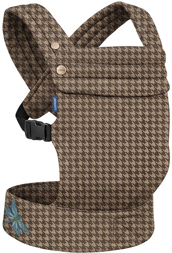 LUVION® Baby carrier MILANO Shade Houndstooth - Draagzak Baby - Ergonomische Buikdrager en Rugdrager - OEKO-TEX® Katoen - Bruin met Hanenvoet Patroon