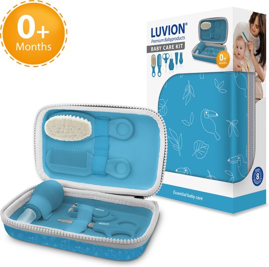 LUVION® Baby Verzorgingsset Blauw - uitgebreide 8 delige geschenkset met baby verzorgingsproducten - Manicureset en nagelset met nagelknipper, nagelvijl en nagelschaartje - Borstel en kam voor de haarverzorging - Neuszuiger - Kraamcadeau Jongen van Luvion