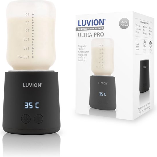LUVION® Draagbare Flessenwarmer Ultra Pro - Zwart - Speciale roerfunctie voor gelijkmatig opwarmen van borstvoeding en mixen van kunstvoeding - Geschikt voor nagenoeg alle merken babyflesjes - Onderweg draadloos je baby fles verwarmen van LUVION