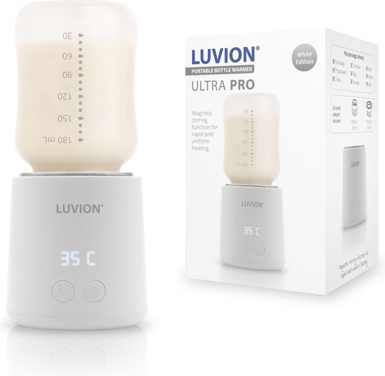 LUVION® Ultra Pro Draagbare Flessenwarmer - Wit - Speciale roerfunctie voor gelijkmatig opwarmen van borstvoeding en mixen van kunstvoeding - Geschikt voor nagenoeg alle merken babyflesjes - Onderweg draadloos je baby fles verwarmen van LUVION
