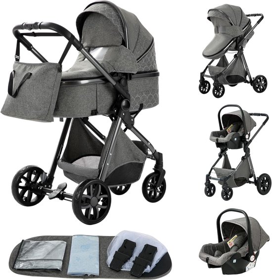 Luxe 3-in-1 Combi Kinderwagen – Kwalitatieve Buggy – Opklapbare Wandelwagen – Donkergrijs – Autostoel van LIONELO