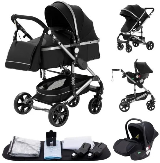 Luxe 3-in-1 Kinderwagen - Draagbaar, Opvouwbaar, met Vering - Aluminium Frame - Inclusief Autostoel - Kwalitatieve Buggy voor Pasgeboren Baby - Luxe Multifunctionele Combi Kinderwagen - All Black van Merkloos