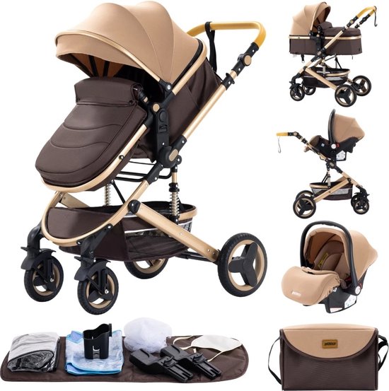 Luxe 3-in-1 Kinderwagen - Draagbaar, Opvouwbaar, met Vering - Aluminium Frame - Inclusief Autostoel - Kwalitatieve Buggy voor Pasgeboren Baby - Luxe Multifunctionele Combi Kinderwagen - Khaki van Merkloos