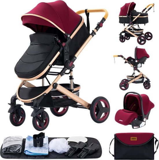 Luxe 3-in-1 Kinderwagen - Draagbaar, Opvouwbaar, met Vering - Aluminium Frame - Inclusief Autostoel - Kwalitatieve Buggy voor Pasgeboren Baby - Luxe Multifunctionele Combi Kinderwagen - Rood van Merkloos