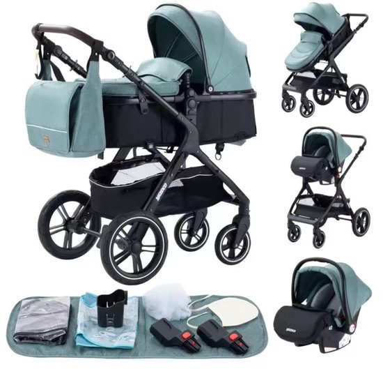 Luxe 3 in 1 Kinderwagen - Kwalitatieve Buggy - Multifunctioneel - Inklapbaar - Incl. Autostoel- Blauw - 9 accessoires van Merkloos
