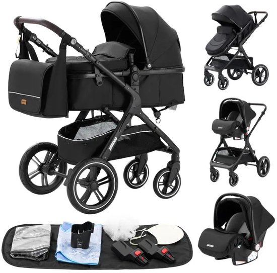 Luxe 3 in 1 Kinderwagen - Kwalitatieve Buggy - Multifunctioneel - Inklapbaar - Incl. Autostoel- Volledig zwart- 9 accessoires van Merkloos