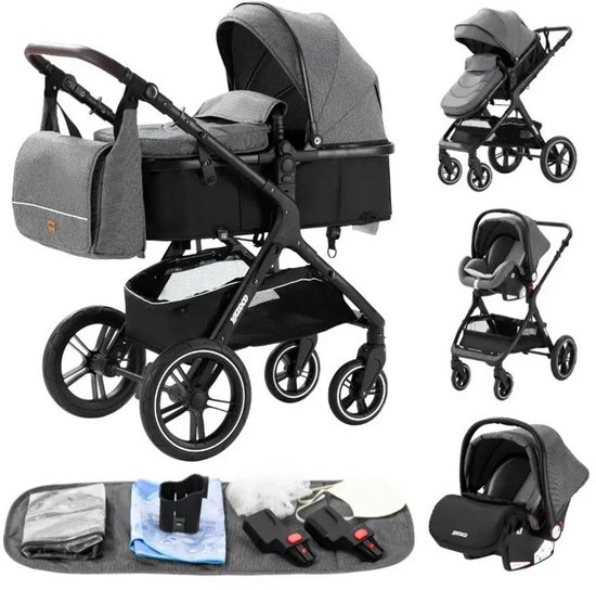 Luxe 3-in-1 Kinderwagen met Autostoel en Reiswieg – Opvouwbaar – Verstelbare Rugleuning Zwart