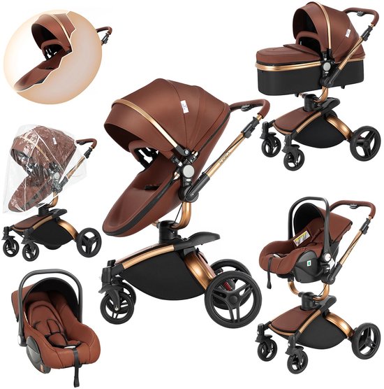 Luxe 3-in-1 Kinderwagen met Autostoel & Wieg – 360° Draaibaar Reissysteem van Leer – Hoog Landschap Babywagen met Grote Opbergruimte – Premium Comfort – Ei-vormig ontwerp – Bruin van Merkloos