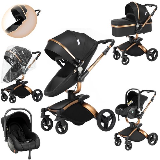 Luxe 3-in-1 Kinderwagen met Autostoel & Wieg – 360° Draaibaar Reissysteem van Leer – Hoog Landschap Babywagen met Grote Opbergruimte – Premium Comfort – Ei-vormig ontwerp – Zwart van Merkloos