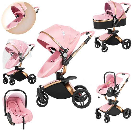 Luxe 3-in-1 Kinderwagen met Autostoel & Wieg – 360° Draaibaar Reissysteem van Leer – Hoog Landschap Babywagen met Grote Opbergruimte – Premium Comfort – Roze van Merkloos