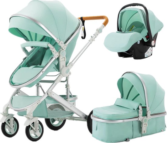 Luxe 3-in-1 Kinderwagen - Wandelwagen - Autostoeltje - Buggy - Inklapbaar - Groen/Turquoise - 0-36 Maanden van Merkloos