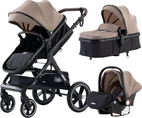 Luxe 3-in-1 Kinderwagen - Wandelwagen - Autostoeltje - Buggy - Inklapbaar - Khaki en zwart - 0-36 Maanden van Luxe