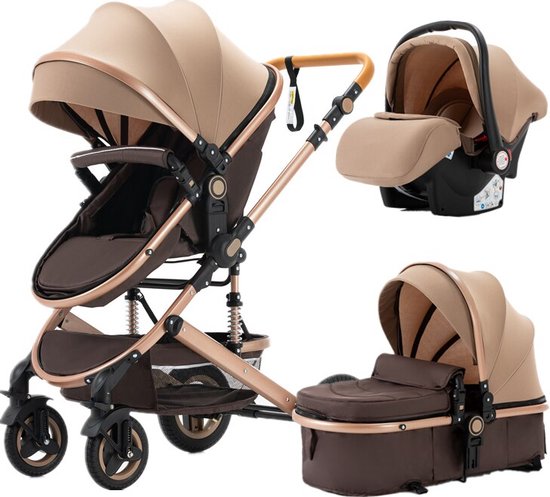 Luxe 3-in-1 Kinderwagen - Wandelwagen - Autostoeltje - Buggy - Inklapbaar - Khaki/Bruin - 0-36 Maanden van Merkloos