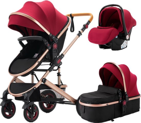 Luxe 3-in-1 Kinderwagen - Wandelwagen - Autostoeltje - Buggy - Inklapbaar - Rood/zwart - 0-36 Maanden van Merkloos