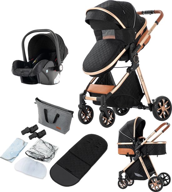 Luxe 3-in-1 Kinderwagen - Wandelwagen - Autostoeltje - Buggy - Reiswieg - Inklapbaar - 0-36 Maanden - Inclusief Tas - BlackGold van Lorelli